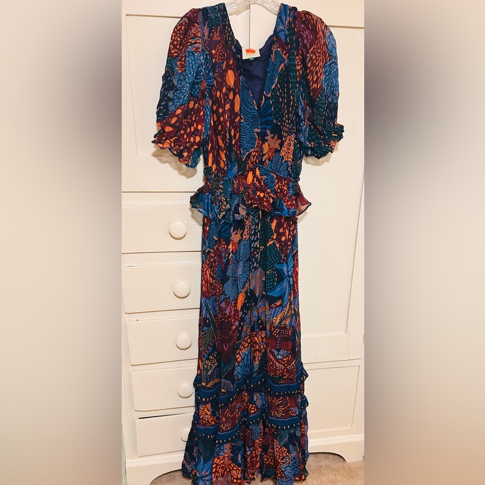 FARM Rio Navy, Orange & Teal Floral Ruffle Maxi Dress